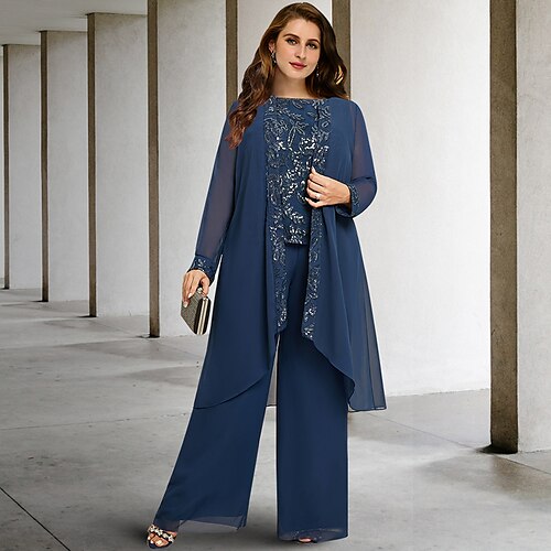 

Todelt Flyverdragter Plus Size Curve Mother of the Bride kjoler Elegant Kjole Formel Gulvlang Uden ærmer Høj halset Chiffon med Paillette Applikeret broderi 2023