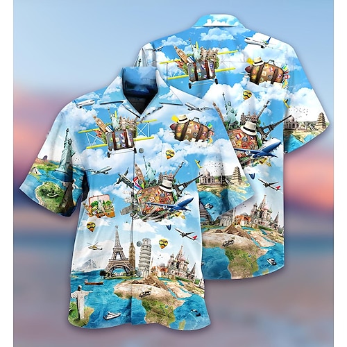 

Hombre Camisa camisa hawaiana Estampados Avión Cuello Vuelto Azul Piscina Casual Festivos Manga Corta Abotonar Estampado Ropa Tropical Moda Hawaiano Suave