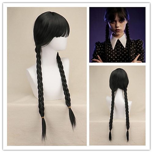 

Wednesday Addams парик длинный черный плетеный парик милые натуральные мягкие волосы с шапочкой для парика косы синтетические парики для праздничного костюма