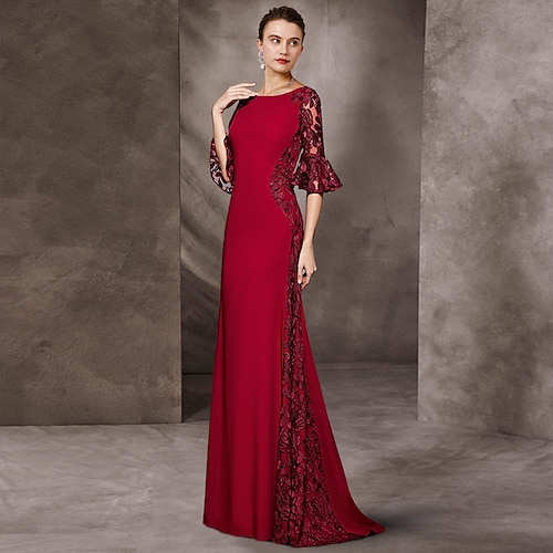 

A-linje Kjole til brudens mor Bryllupsgjest Enkel Elegant Besmykket Sweep / Børste train Chiffon Blonder Halvlange ermer med Appliqué Fargeblokk 2023