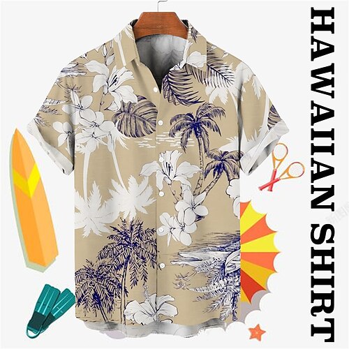 

Men's Shirt Floral Coconut Tree Graphic Prints Turndown Khaki Gray Street Casual Short Sleeves Button-Down Print Clothing Apparel Tropical Fashion Designer Hawaiian
