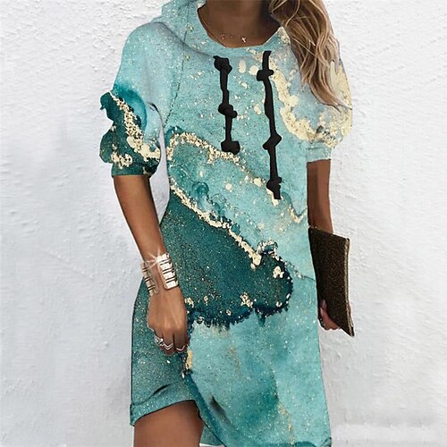 

Women's Casual Dress Hoodie Dress Shift Dress Mini Dress Blue Light Blue Grey Long Sleeve Ombre Print Winter Fall Spring Hooded Fashion Daily 2022 S M L XL XXL 3XL