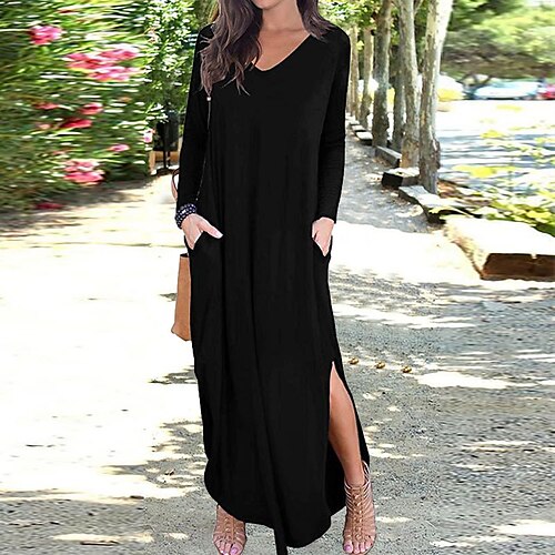 

Mulheres Vestido casual Vestido T shirt Vestido de turno Vestido Longo Vestido Maxi clarete Exército verde Preto Manga Longa Cor imaculada Bolsos Verão Primavera Decote V Moda 2023 S M L XL 2XL