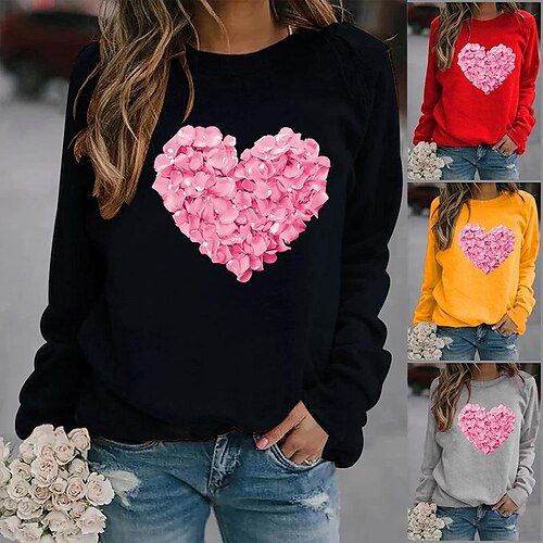 

Damen T Shirt Schwarz Weiß Gelb Herz Bedruckt Langarm Valentinstag Wochenende Basic Rundhalsausschnitt Standard Farbe Paar S