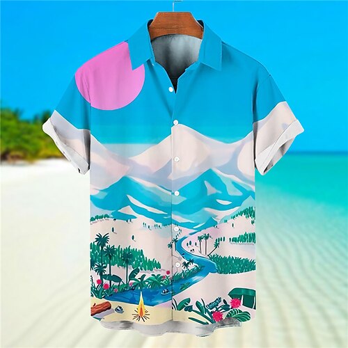

Men's Shirt Summer Hawaiian Shirt Graphic Prints Mountain Turndown Blue Green Street Casual Short Sleeves Button-Down Print Clothing Apparel Tropical Fashion Hawaiian Designer