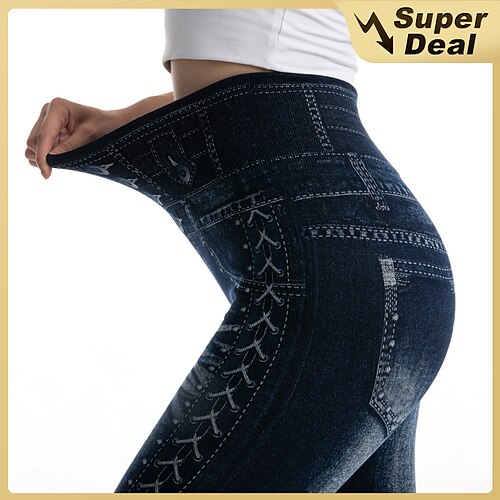 

Women's Tights Pants Trousers Faux Denim Blue Black High Waist Fashion Casual Weekend Stretchy Full Length Tummy Control Plain S M L XL / Skinny