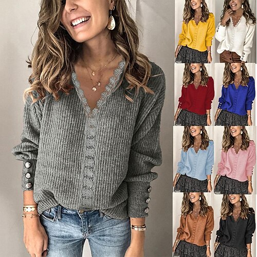 

Women's Shirt Blouse Light Blue claret Black Plain Lace Long Sleeve Casual Basic V Neck Regular S