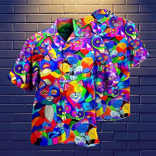 

Men's Shirt Summer Hawaiian Shirt Animal Cat Graphic Prints Turndown Purple Casual Holiday Short Sleeve Button-Down Print Clothing Apparel Tropical Fashion Hawaiian Soft