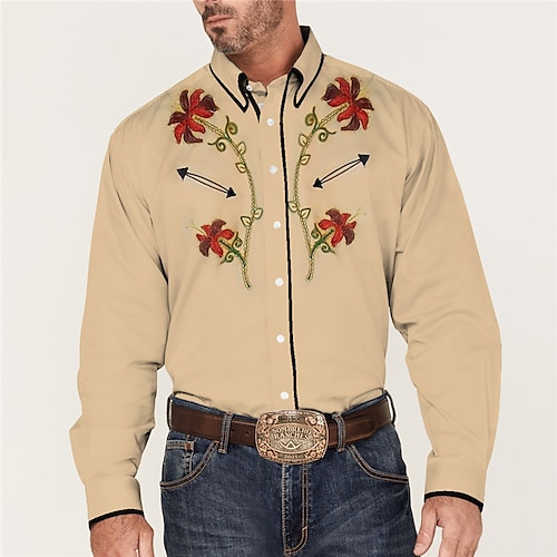 

Men's Shirt Western Shirt Floral Graphic Prints Turndown Blue Khaki Outdoor Street Long Sleeve Button-Down Print Clothing Apparel Vintage Streetwear Designer western style