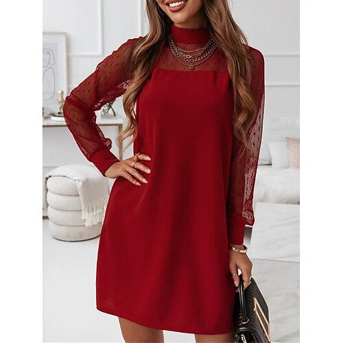 

Women's Casual Dress Shift Dress Mini Dress Black Cream Red Long Sleeve Pure Color Mesh Summer Spring Stand Collar Classic 2023 S M L XL XXL