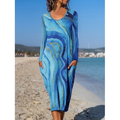

Damen Casual kleid Etuikleid Midikleid Blaugrün Blau Grün Langarm Graphic Tasche Sommer Frühling Rundhalsausschnitt Modisch Frühlingskleid 2023 S M L XL 2XL