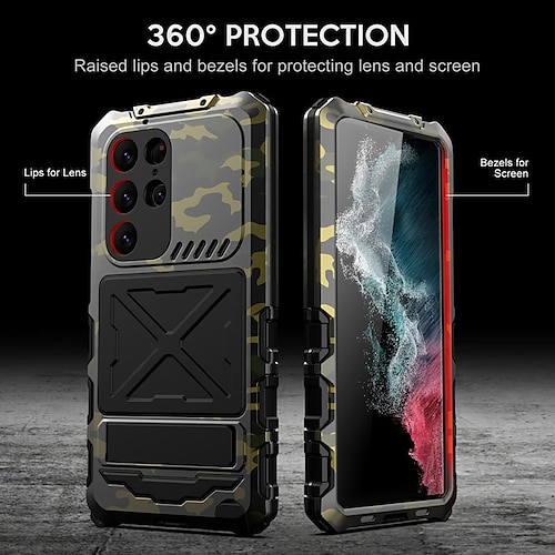 

téléphone Coque Pour Samsung Galaxy Coque Intégrale S23 Ultra Plus Portable Avec Support Etanche à la Poussière Camouflage Couleur Pleine Formes Géométriques Gel de silice Verre Trempé Métal