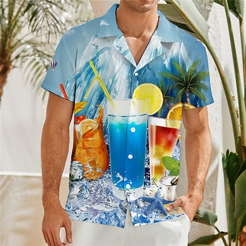 

Men's Shirt Summer Hawaiian Shirt Graphic Prints Drink Turndown Blue Gray 3D Print Casual Holiday Short Sleeve Button-Down Print Clothing Apparel Tropical Fashion Hawaiian Soft