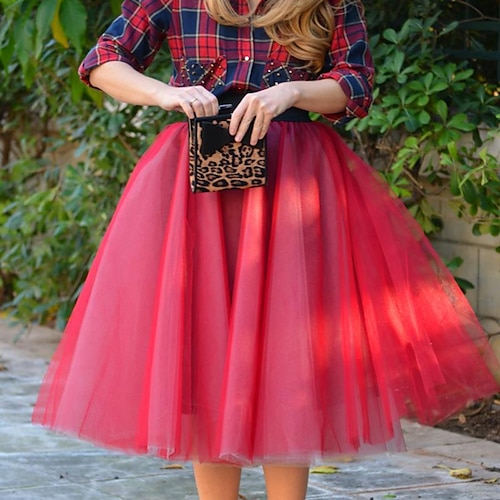 

Dame Arbeidsskjørt Tutu Midi Organza Rød Skjørt Multi Layer Fritid Fritid / hverdag S M L