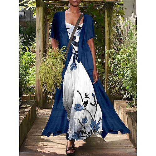 

Dame Kjole sæt To-delt kjole A Linje Kjole Lang kjole Maxikjole Blå Lilla Kortærmet Blomstret Krøllede Folder Forår Sommer Rund hals Elegant 2023 S M L XL XXL 3XL 4XL 5XL