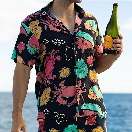 

Men's Shirt Graphic Prints Conch Turndown Black Outdoor Street Short Sleeves Button-Down Print Clothing Apparel Tropical Fashion Designer Hawaiian