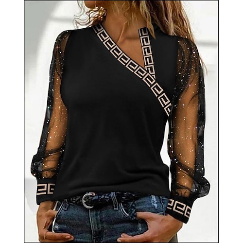 

Women's Shirt Blouse Black Plain Mesh Patchwork Long Sleeve Casual Basic V Neck Regular S