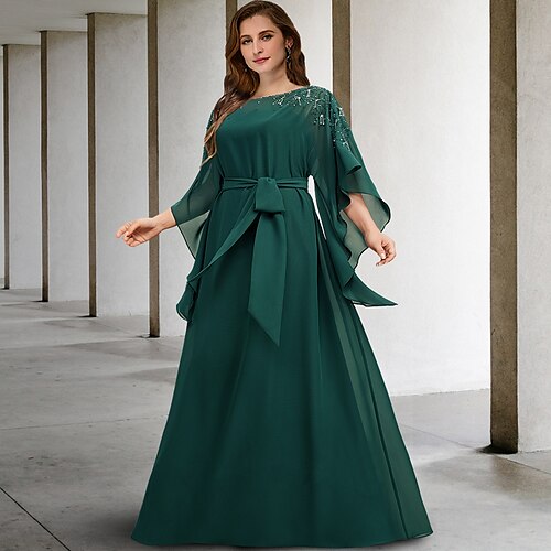 

A-linje Plus Size Curve Mother of the Bride kjoler Elegant Kjole Formel Gulvlang Halvlange ærmer Høj halset Chiffon med Perlearbejde Stroppet 2023