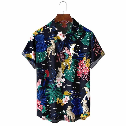 

Men's Shirt Summer Hawaiian Shirt Animal Floral Graphic Prints Turndown Navy Blue Outdoor Street Short Sleeves Button-Down Print Clothing Apparel Tropical Fashion Hawaiian Designer