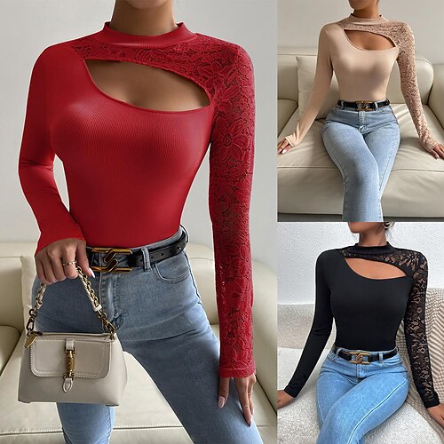 

Women's Shirt Blouse Black Red Plain Lace Cut Out Long Sleeve Casual Basic Round Neck Regular S