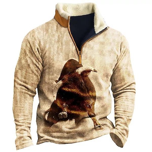 

Men's Zip Sweatshirt Pullover Brown Half Zip Graphic Animal Print Sports Outdoor Casual Daily 3D Print Fleece Streetwear Designer Thin fleece Fall Winter Clothing Apparel Hoodies Sweatshirts