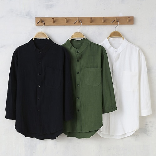 

Men's Linen Shirt Plain Standing Collar Black White Army Green Casual Daily 3/4 Length Sleeve Button-Down Clothing Apparel Fashion Streetwear Classic