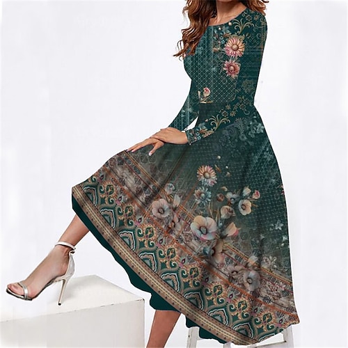 

Women's Casual Dress Swing Dress Midi Dress Green Long Sleeve Floral Pocket Winter Fall Spring Crew Neck Fashion Daily Weekend 2022 S M L XL XXL 3XL