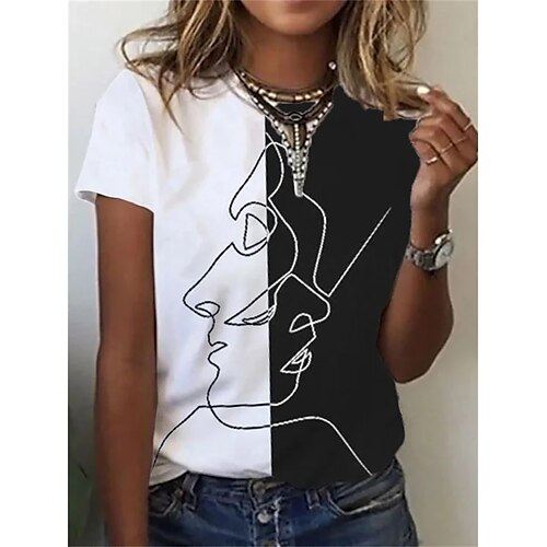 

Women's T shirt Tee White Portrait Print Short Sleeve Casual Daily Basic Round Neck Regular Abstract Portrait S