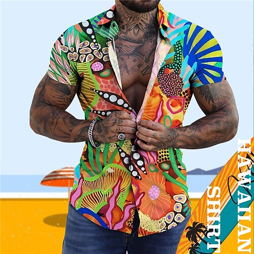 

Men's Shirt Graphic Prints Turndown Yellow Green Street Casual Short Sleeves Button-Down Print Clothing Apparel Tropical Fashion Designer Hawaiian