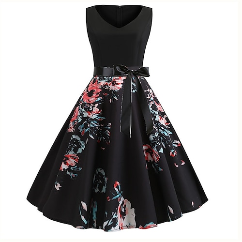 

Dame Vintage kjole Swing Kjole Mini kjole Sort Hvid Navyblå Uden ærmer Blomstret Sløjfer Sommer Forår Efterår V-hals Mode Ferierejse Sommerkjole 2023 S M L XL XXL