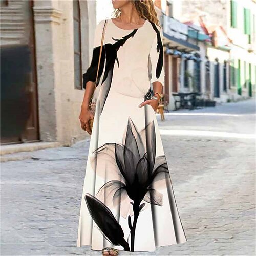 

Women's Casual Dress Swing Dress Long Dress Maxi Dress Apricot Long Sleeve Floral Pocket Winter Fall Spring Crew Neck Fashion Daily Weekend 2023 S M L XL XXL 3XL