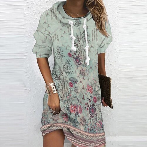 

Women's Casual Dress Hoodie Dress Shift Dress Mini Dress Blue Long Sleeve Floral Print Winter Fall Spring Hooded Fashion Daily 2022 S M L XL XXL 3XL
