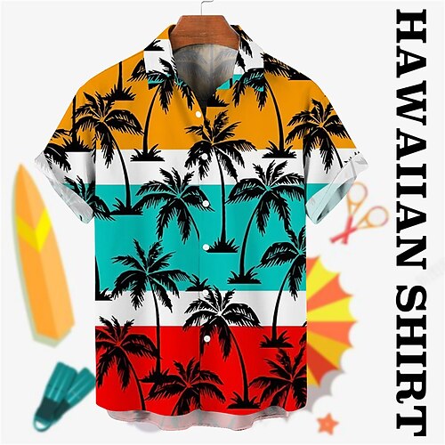 

Men's Shirt Summer Hawaiian Shirt Coconut Tree Striped Graphic Prints Turndown Yellow Pink Street Casual Short Sleeves Button-Down Print Clothing Apparel Tropical Fashion Hawaiian Designer