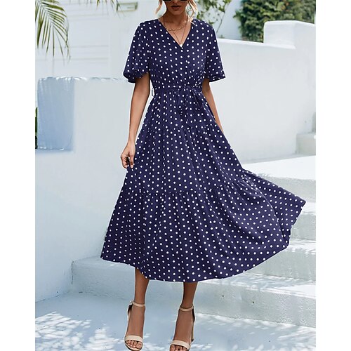 

Women's Casual Dress Sheath Dress Swing Dress Midi Dress Black Yellow Dark Blue Short Sleeve Polka Dot With Belt Summer Spring V Neck Fashion Vacation Fall Dress Spring Dress 2023 S M L XL