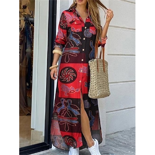 

Women's Casual Dress Shirt Dress Vintage Dress Long Dress Maxi Dress Black Yellow Wine Long Sleeve Graphic Button Winter Fall Spring Shirt Collar Fashion Daily Vacation Fall Dress 2023 S M L XL 2XL