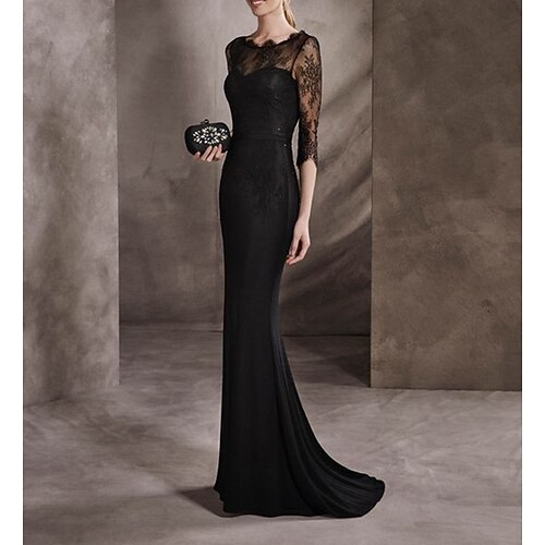 

A sirena Abito da cerimonia per signora Invitati del matrimonio Elegante Con decorazione gioiello Strascico a terra Di pizzo Chiffon elasticizzato Manica a 3/4 No con Con applique Tinta unita 2023