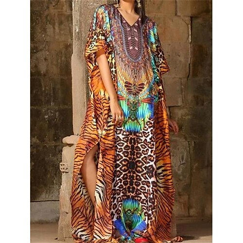 

Women's Casual Dress Swing Dress Vintage Dress Long Dress Maxi Dress Brown Long Sleeve Graphic Print Winter Fall Spring V Neck Fashion Daily Vacation 2023 One-Size
