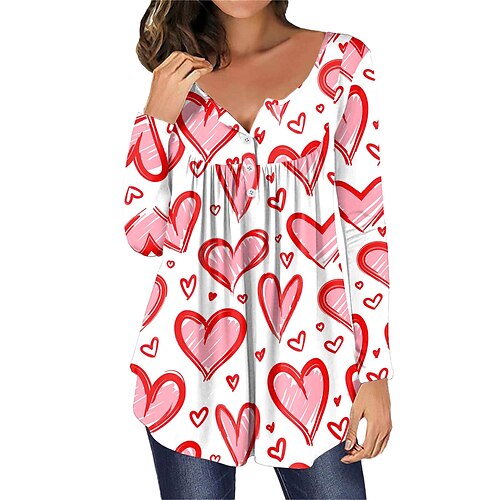 

Women's Shirt Blouse Black White Pink Heart Button Print Long Sleeve Casual Daily Basic V Neck Regular S