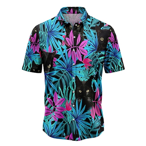 

Men's Shirt Summer Hawaiian Shirt Cat Graphic Prints Leaves Turndown Blue Street Casual Short Sleeves Button-Down Print Clothing Apparel Tropical Fashion Hawaiian Designer