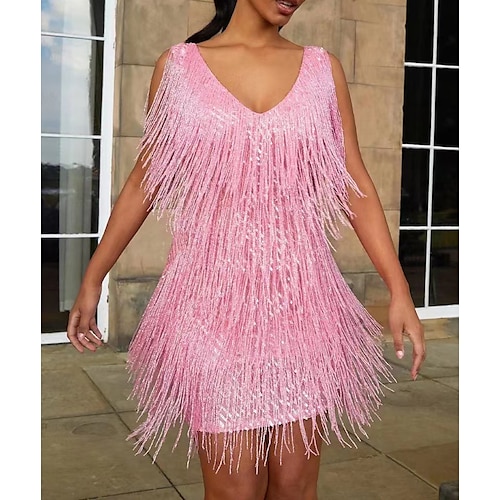 

Women's Party Dress Sheath Dress Tassel Dress Mini Dress Black Pink Purple Sleeveless Pure Color Tassel Fringe Winter Fall Spring V Neck Fashion 2022 S M L XL XXL 3XL 4XL 5XL