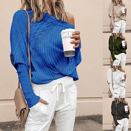 

Women's Shirt Blouse Black Blue Army Green Plain Crochet Long Sleeve Casual Daily Basic One Shoulder Regular S