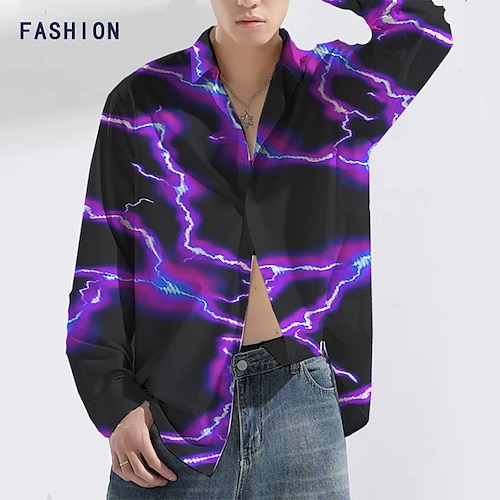 

Men's Shirt Lightning Graphic Prints Turndown Blue Purple Green Gray Outdoor Street Long Sleeve Button-Down Print Clothing Apparel Fashion Designer Casual Soft
