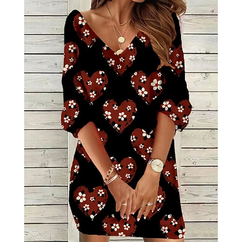 

Women's Sweatshirt Dress Shift Dress Mini Dress Black Yellow Red 3/4 Length Sleeve Graphic Print Winter Fall Spring V Neck Fashion Vacation Weekend 2022 S M L XL 2XL 3XL