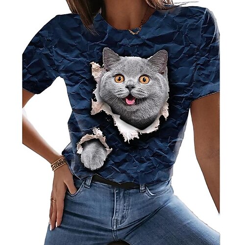 

Women's T shirt Tee Black White Pink Cat Dog Print Casual Daily Basic Boho Round Neck Regular XS