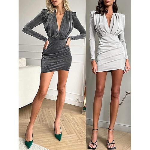 

Mini robe Femme Robe de travail Manches 3/4 Hiver Automne Printemps - Mode Moderne Ruché Couleur monochrome V Profond Bureau Rendez-vous 2023 Noir Blanche S M L