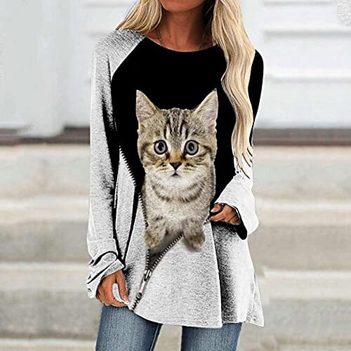 

Mulheres Camiseta Crop Preto Branco Azul Gato 3D Imprimir Manga Longa Diário Final de semana Básico Decote Redondo Longo Gato 3D Pintura S