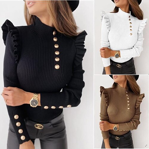 

Women's Shirt Blouse Black White khaki Plain Ruffle Button Long Sleeve Casual Basic High Neck Regular S