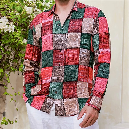

Men's Shirt Tribal Graphic Prints Vintage Geometry Turndown Fuchsia Street Casual Long Sleeve Button-Down Print Clothing Apparel Tropical Fashion Streetwear Designer