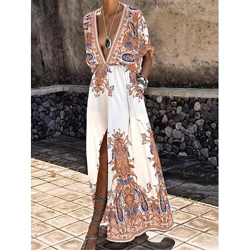 

Women's Casual Dress Floral Dress Long Dress Maxi Dress Black White Half Sleeve Flower Pocket Winter Fall Spring Deep V Fashion Daily 2022 S M L XL XXL