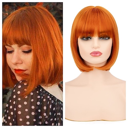 

kort oransje bob parykk med smell 11 tommer oransje rett parykk for jenter skulderlengde syntetisk fargerikt hår for jenter til halloween kostyme cosplay til daglig bruk